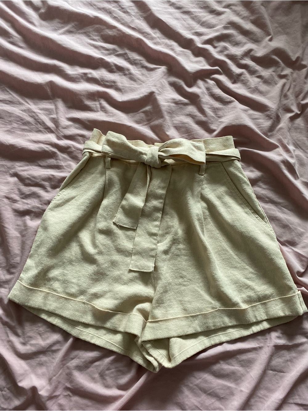 Linen High-Waist Cream Paperbag Shorts with Waist Tie